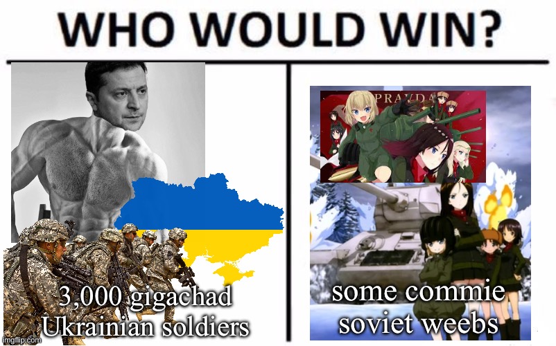 Who Would Win? Meme | some commie soviet weebs; 3,000 gigachad Ukrainian soldiers | image tagged in memes,who would win | made w/ Imgflip meme maker