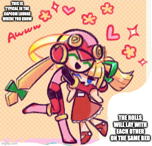 Roll.EXE Hugging OG Roll | THIS IS TYPICAL IN THE CAPCOM LOUNGE WHERE YOU KNOW; THE ROLLS WILL LAY WITH EACH OTHER ON THE SAME BED | image tagged in rollexe,roll,megaman,megaman battle network,memes | made w/ Imgflip meme maker