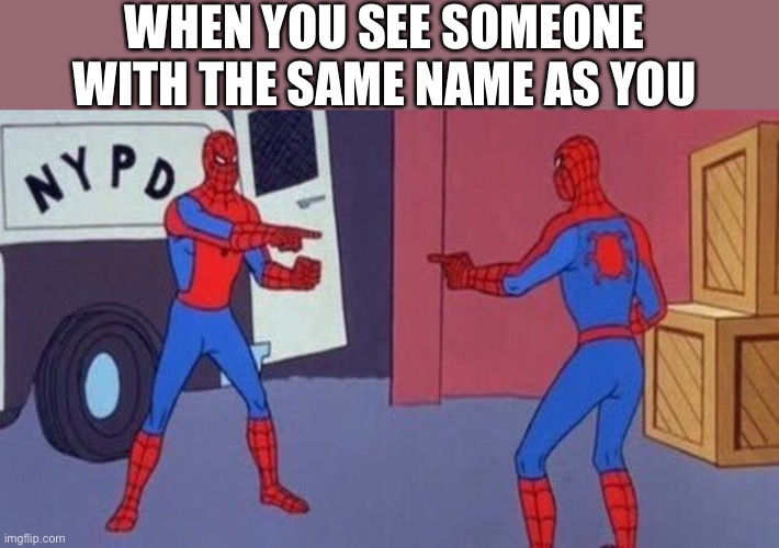 I can’t relate to this meme actually lol | WHEN YOU SEE SOMEONE WITH THE SAME NAME AS YOU | image tagged in spiderman pointing at spiderman,name | made w/ Imgflip meme maker