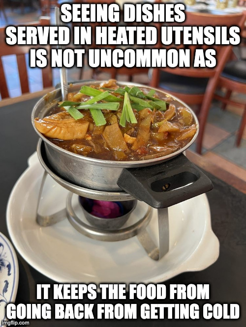 Food Served in a Heated Bowl | SEEING DISHES SERVED IN HEATED UTENSILS IS NOT UNCOMMON AS; IT KEEPS THE FOOD FROM GOING BACK FROM GETTING COLD | image tagged in restaurant,memes | made w/ Imgflip meme maker