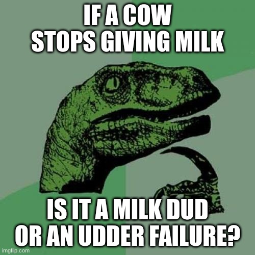 Comment what you think it is. |  IF A COW STOPS GIVING MILK; IS IT A MILK DUD OR AN UDDER FAILURE? | image tagged in memes,philosoraptor,cow,question,good question | made w/ Imgflip meme maker