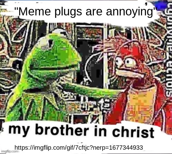 My brother in Christ | "Meme plugs are annoying"; https://imgflip.com/gif/7cftjc?nerp=1677344933 | image tagged in my brother in christ | made w/ Imgflip meme maker