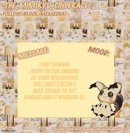 Cinderaces annoucement temp 0.3 | I GOT BANNED FROM TIKTOK LMAOOO (IF YOUR WONDERING YES I HATE TIKTOK I WAS TRYING TO GET BANNED AND IT WORKED :D) | image tagged in cinderaces annoucement temp 0 3 | made w/ Imgflip meme maker
