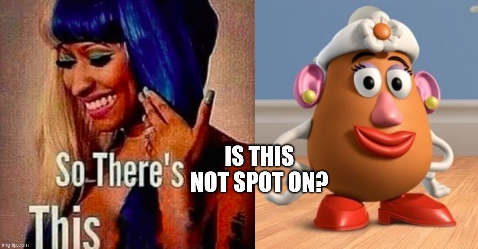 Nikki Minage and Mrs Potato Head | IS THIS NOT SPOT ON? | image tagged in so there's this x,mrs potato head,funny memes | made w/ Imgflip meme maker