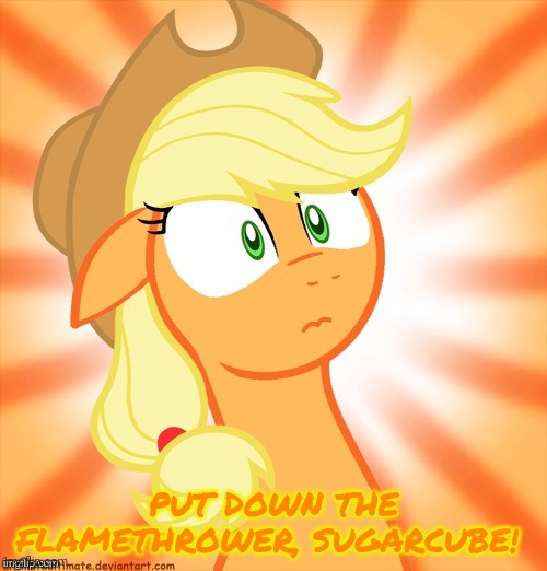 Shocked Applejack | PUT DOWN THE FLAMETHROWER, SUGARCUBE! | image tagged in shocked applejack | made w/ Imgflip meme maker