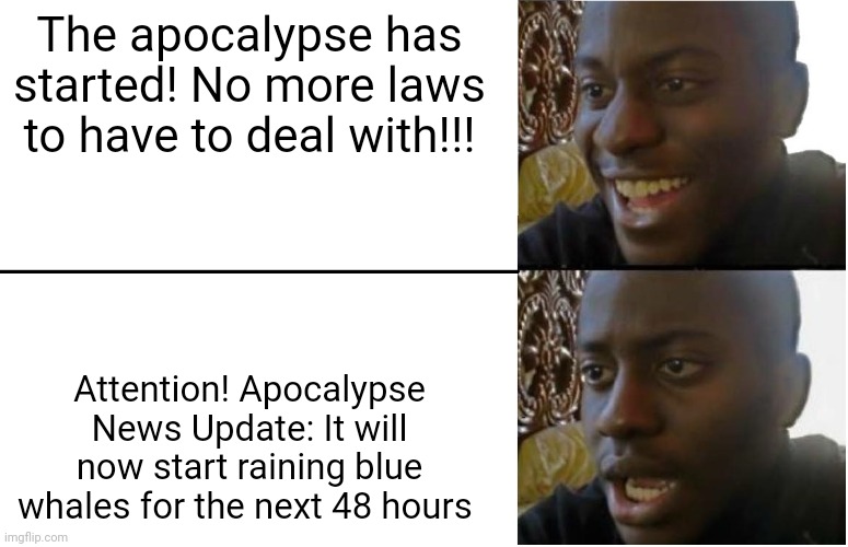 This will be catastrophic!!!! | The apocalypse has started! No more laws to have to deal with!!! Attention! Apocalypse News Update: It will now start raining blue whales for the next 48 hours | image tagged in disappointed black guy | made w/ Imgflip meme maker