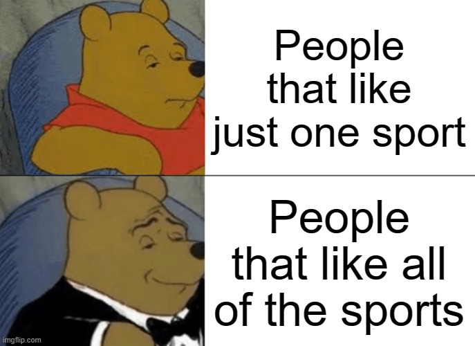 Love all of the sports!! | People that like just one sport; People that like all of the sports | image tagged in memes,tuxedo winnie the pooh | made w/ Imgflip meme maker