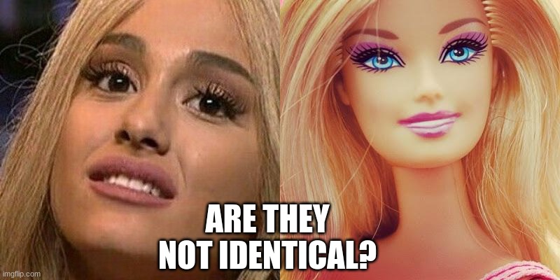 Ariana Grande And Barbie | ARE THEY NOT IDENTICAL? | image tagged in ariana grande h2gkmo,barbiemakeup,ariana grande,barbie | made w/ Imgflip meme maker