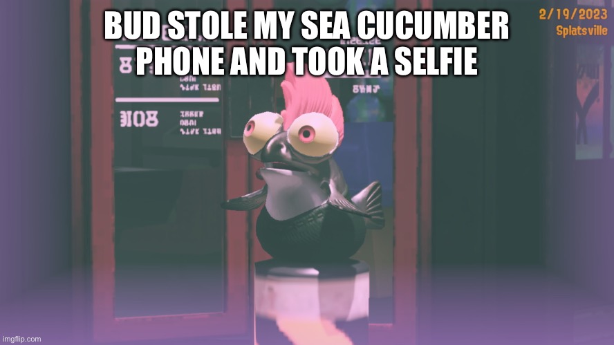 He also lost it | BUD STOLE MY SEA CUCUMBER PHONE AND TOOK A SELFIE | image tagged in memes,splatoon | made w/ Imgflip meme maker