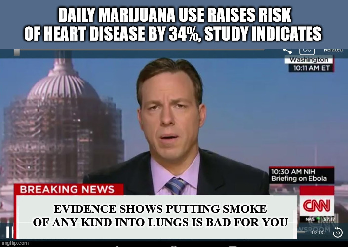 What a Surprise! | DAILY MARIJUANA USE RAISES RISK OF HEART DISEASE BY 34%, STUDY INDICATES; EVIDENCE SHOWS PUTTING SMOKE OF ANY KIND INTO LUNGS IS BAD FOR YOU | image tagged in cnn breaking news template | made w/ Imgflip meme maker