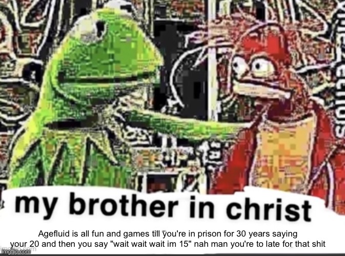 Wise words of my father | Agefluid is all fun and games till you're in prison for 30 years saying your 20 and then you say "wait wait wait im 15" nah man you're to late for that shit | image tagged in my brother in christ | made w/ Imgflip meme maker