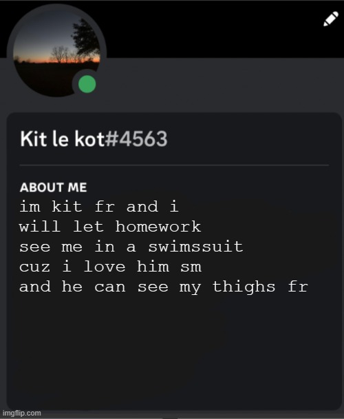 temp steal >:D | im kit fr and i will let homework see me in a swimssuit cuz i love him sm and he can see my thighs fr | made w/ Imgflip meme maker