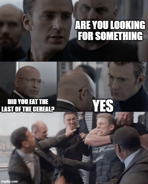 Meme #439 | ARE YOU LOOKING FOR SOMETHING; DID YOU EAT THE LAST OF THE CEREAL? YES | image tagged in captain america elevator,cereal,relatable,food,fighting,memes | made w/ Imgflip meme maker