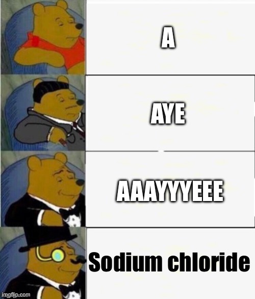 Ayeoooooo | A; AYE; AAAYYYEEE; Sodium chloride | image tagged in tuxedo winnie the pooh 4 panel | made w/ Imgflip meme maker