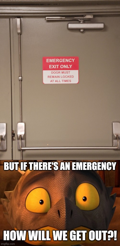 Why is an emergency exit locked?! | BUT IF THERE'S AN EMERGENCY; HOW WILL WE GET OUT?! | image tagged in shocked cutter,door,stupid signs,emergency | made w/ Imgflip meme maker