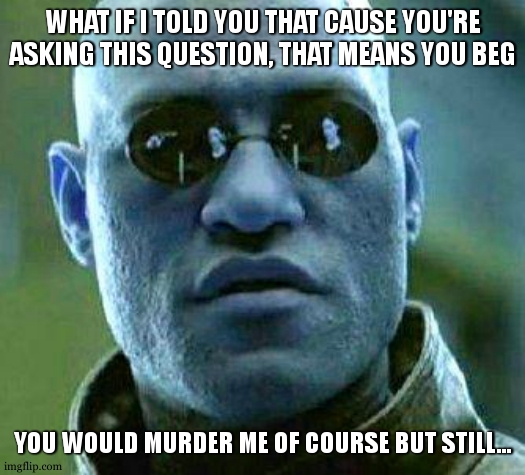 What if i told you | WHAT IF I TOLD YOU THAT CAUSE YOU'RE ASKING THIS QUESTION, THAT MEANS YOU BEG YOU WOULD MURDER ME OF COURSE BUT STILL... | image tagged in what if i told you | made w/ Imgflip meme maker