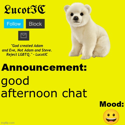 . | good afternoon chat; 😀 | image tagged in lucotic polar bear announcement temp v2 | made w/ Imgflip meme maker