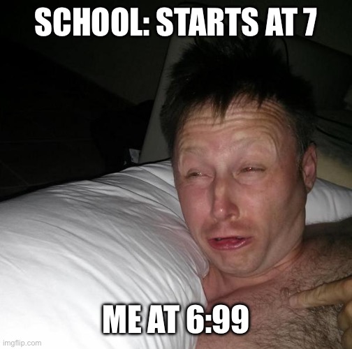 So true | SCHOOL: STARTS AT 7; ME AT 6:99 | image tagged in limmy waking up,school | made w/ Imgflip meme maker