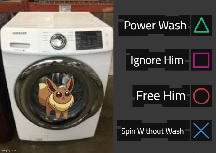 Eevee got trapped, wyd? | Power Wash; Ignore Him; Free Him; Spin Without Wash | image tagged in eevee,detroit become human,telltale games,playstation button choices | made w/ Imgflip meme maker