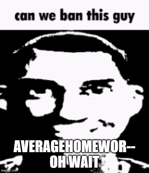 oh ;-; | AVERAGEHOMEWOR-- OH WAIT | image tagged in can we ban this guy | made w/ Imgflip meme maker