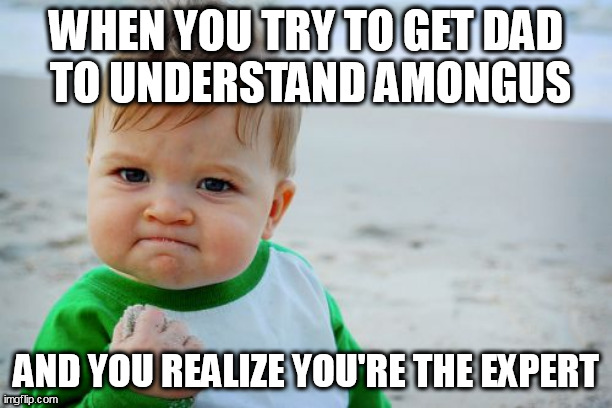 GOTCHA! | WHEN YOU TRY TO GET DAD
 TO UNDERSTAND AMONGUS; AND YOU REALIZE YOU'RE THE EXPERT | image tagged in memes,success kid original,amogus | made w/ Imgflip meme maker