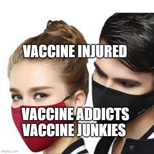 Mask Couple | VACCINE INJURED; VACCINE ADDICTS VACCINE JUNKIES | image tagged in mask couple | made w/ Imgflip meme maker