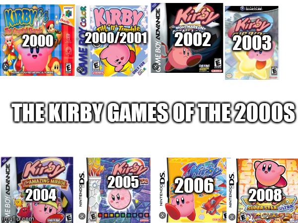 All of the Kirby games from the 2000s the right back at ya era of Kirby | 2000; 2000/2001; 2002; 2003; THE KIRBY GAMES OF THE 2000S; 2005; 2006; 2004; 2008 | image tagged in funny memes,kirby | made w/ Imgflip meme maker