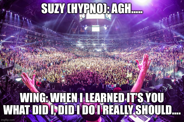 Tidal rush | SUZY (HYPNO): AGH….. WING: WHEN I LEARNED IT’S YOU WHAT DID I, DID I DO I REALLY SHOULD…. | image tagged in dj crowd shot | made w/ Imgflip meme maker