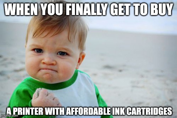 When ink cartridges are affordable | WHEN YOU FINALLY GET TO BUY; A PRINTER WITH AFFORDABLE INK CARTRIDGES | image tagged in memes,success kid original | made w/ Imgflip meme maker