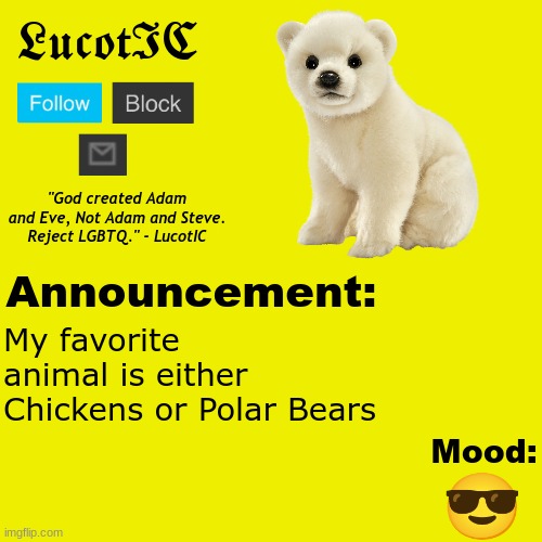 . | My favorite animal is either Chickens or Polar Bears; 😎 | image tagged in lucotic polar bear announcement temp v2 | made w/ Imgflip meme maker