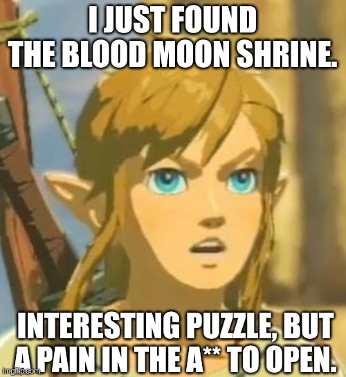 In case you don't know, there's a shrine that only opens on a blood moon. | I JUST FOUND THE BLOOD MOON SHRINE. INTERESTING PUZZLE, BUT A PAIN IN THE A** TO OPEN. | image tagged in offended link | made w/ Imgflip meme maker