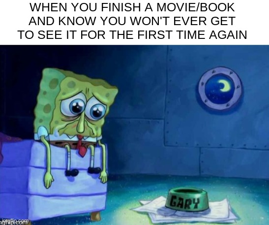 :( | WHEN YOU FINISH A MOVIE/BOOK AND KNOW YOU WON'T EVER GET TO SEE IT FOR THE FIRST TIME AGAIN | image tagged in spongebob,sad | made w/ Imgflip meme maker