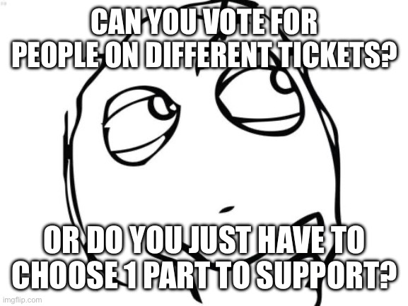 Question about voting? | CAN YOU VOTE FOR PEOPLE ON DIFFERENT TICKETS? OR DO YOU JUST HAVE TO CHOOSE 1 PART TO SUPPORT? | image tagged in memes,question rage face,question,voting,election,imgflip | made w/ Imgflip meme maker