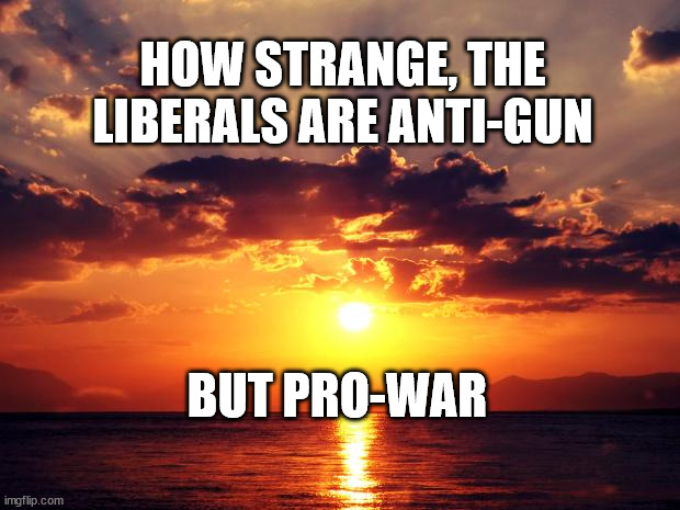 Sunset | HOW STRANGE, THE LIBERALS ARE ANTI-GUN; BUT PRO-WAR | image tagged in sunset | made w/ Imgflip meme maker