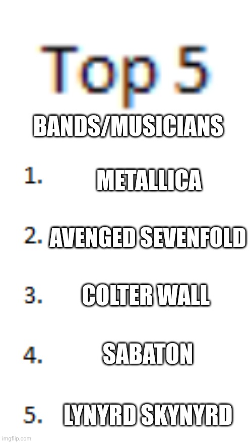 my music taste is all over the place | BANDS/MUSICIANS; METALLICA; AVENGED SEVENFOLD; COLTER WALL; SABATON; LYNYRD SKYNYRD | image tagged in top 5 list,music | made w/ Imgflip meme maker