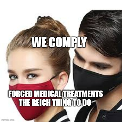 Mask Couple | WE COMPLY; FORCED MEDICAL TREATMENTS THE REICH THING TO DO | image tagged in mask couple | made w/ Imgflip meme maker