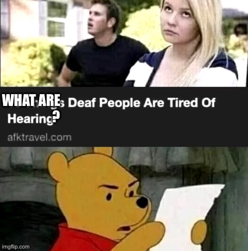 Deaf people hearing? | WHAT ARE 
                  ? | image tagged in deaf,hearing,i'm tired of pretending it's not | made w/ Imgflip meme maker