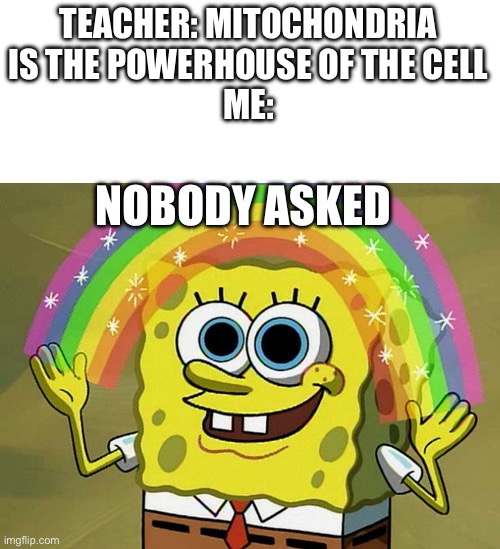 Imagination Spongebob | TEACHER: MITOCHONDRIA IS THE POWERHOUSE OF THE CELL
ME:; NOBODY ASKED | image tagged in memes,imagination spongebob | made w/ Imgflip meme maker