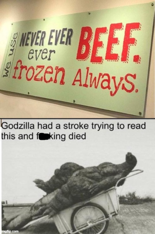 WHAT?!?!?!?!?!?!?!??! | image tagged in godzilla,you had one job,stupid signs,failure,memes,godzilla had a stroke trying to read this and fricking died | made w/ Imgflip meme maker