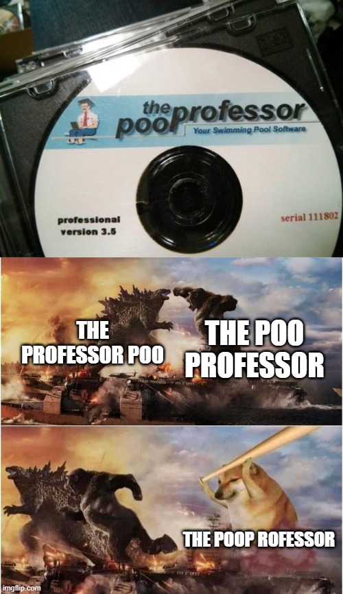 The Poop rofessor | THE POO PROFESSOR; THE PROFESSOR POO; THE POOP ROFESSOR | image tagged in kong godzilla doge,you had one job,failure,memes,design fails,disc | made w/ Imgflip meme maker