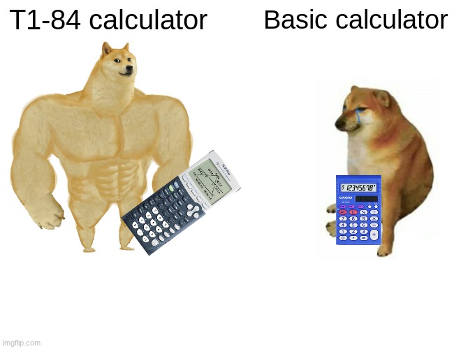 elementary kids couldn't understand this | T1-84 calculator; Basic calculator | image tagged in memes,buff doge vs cheems | made w/ Imgflip meme maker