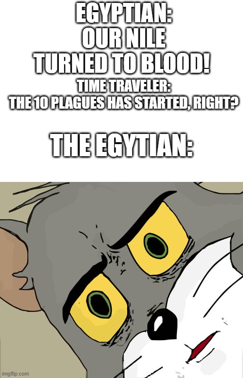 rip | EGYPTIAN: OUR NILE TURNED TO BLOOD! TIME TRAVELER: THE 10 PLAGUES HAS STARTED, RIGHT? THE EGYTIAN: | image tagged in memes,unsettled tom,history memes | made w/ Imgflip meme maker