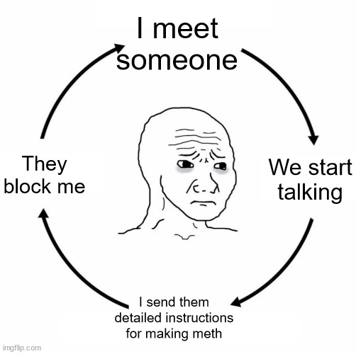 i hate this | I meet someone; They block me; We start talking; I send them detailed instructions for making meth | image tagged in sad wojak cycle,memes,meth,wojak | made w/ Imgflip meme maker