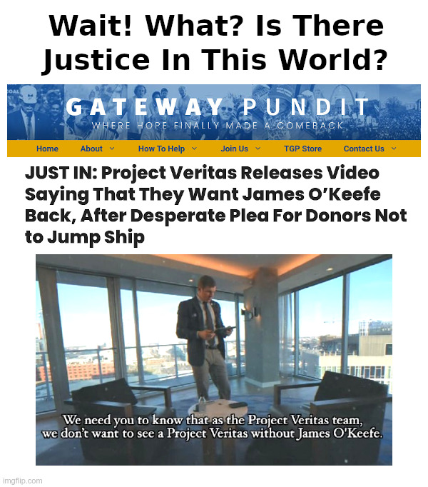Wait! What? Is There Justice In This World? | image tagged in james o'keefe,project veritas,gateway pundit | made w/ Imgflip meme maker