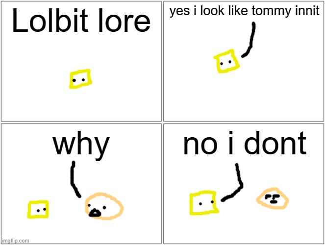 msmg lore, ask if you want me to do you | Lolbit lore; yes i look like tommy innit; why; no i dont | image tagged in memes,blank comic panel 2x2 | made w/ Imgflip meme maker