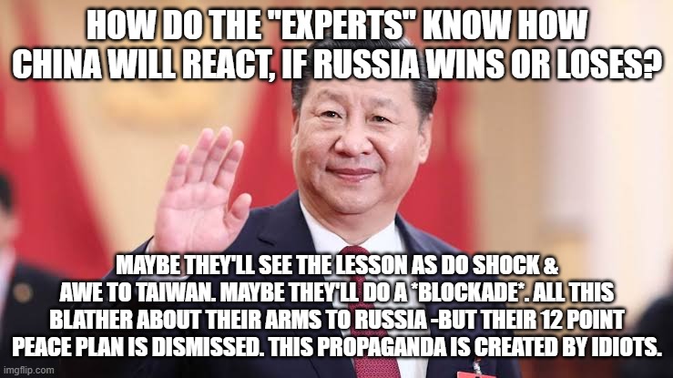 Xi Jinping | HOW DO THE "EXPERTS" KNOW HOW CHINA WILL REACT, IF RUSSIA WINS OR LOSES? MAYBE THEY'LL SEE THE LESSON AS DO SHOCK & AWE TO TAIWAN. MAYBE THEY'LL DO A *BLOCKADE*. ALL THIS BLATHER ABOUT THEIR ARMS TO RUSSIA -BUT THEIR 12 POINT PEACE PLAN IS DISMISSED. THIS PROPAGANDA IS CREATED BY IDIOTS. | image tagged in xi jinping | made w/ Imgflip meme maker