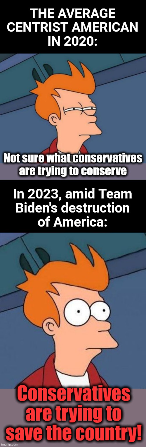 Now they know | THE AVERAGE
CENTRIST AMERICAN
IN 2020:; Not sure what conservatives are trying to conserve; In 2023, amid Team
Biden's destruction
of America:; Conservatives are trying to save the country! | image tagged in memes,futurama fry,not sure if but now i know,joe biden,democrats,destruction of america | made w/ Imgflip meme maker