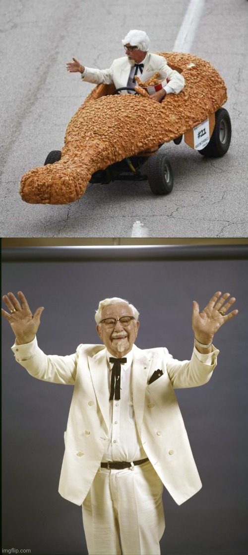 Colonel Sanders fried chicken bucket fried chicken car | image tagged in colonel sanders,fried chicken,bucket,kfc,memes,car | made w/ Imgflip meme maker