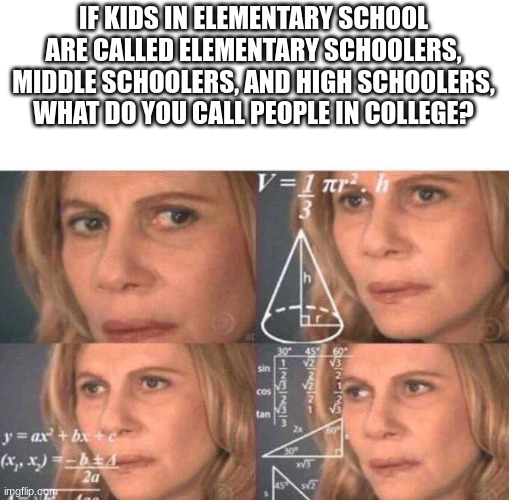 What do you call them? | IF KIDS IN ELEMENTARY SCHOOL ARE CALLED ELEMENTARY SCHOOLERS, MIDDLE SCHOOLERS, AND HIGH SCHOOLERS, WHAT DO YOU CALL PEOPLE IN COLLEGE? | image tagged in math lady/confused lady | made w/ Imgflip meme maker