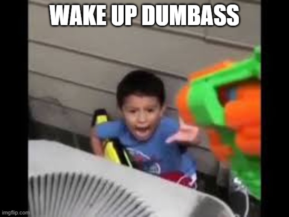 nerf shoot on crying kid | WAKE UP DUMBASS | image tagged in nerf shoot on crying kid | made w/ Imgflip meme maker